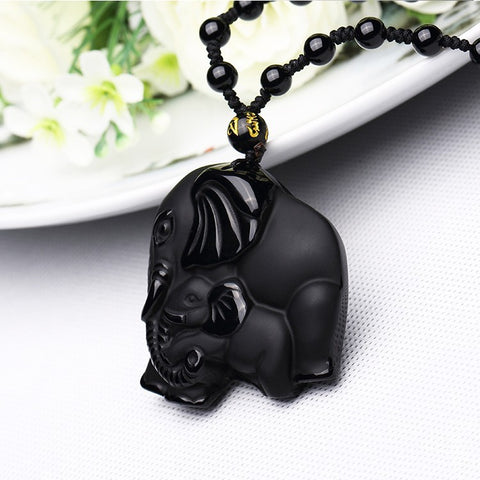 Obsidian Wealth-absorbing Elephant Pendant Necklace