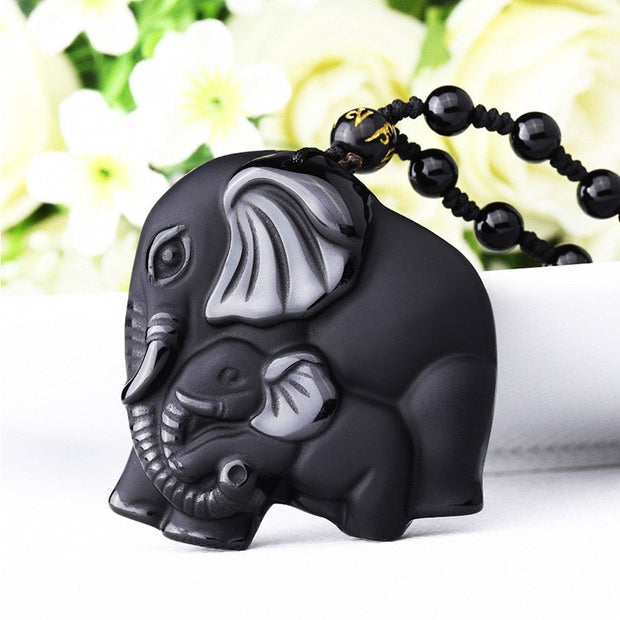 Obsidian Wealth-absorbing Elephant Pendant Necklace