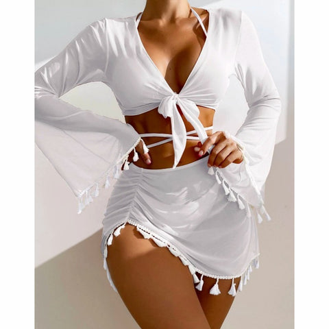 4pcs Solid Color Bikini With Short Skirt And Long Sleeve Cover-up Fashion Bow Tie Fringed Swimsuit Set Summer Beach Womens Clothing