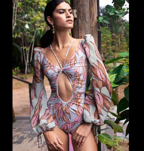 Vintage One Piece Swimsuit Female 2022 Long Sleeve Swimwear Women Plus Size Bathing Suit Print Bandage Summer Bathers Monokini